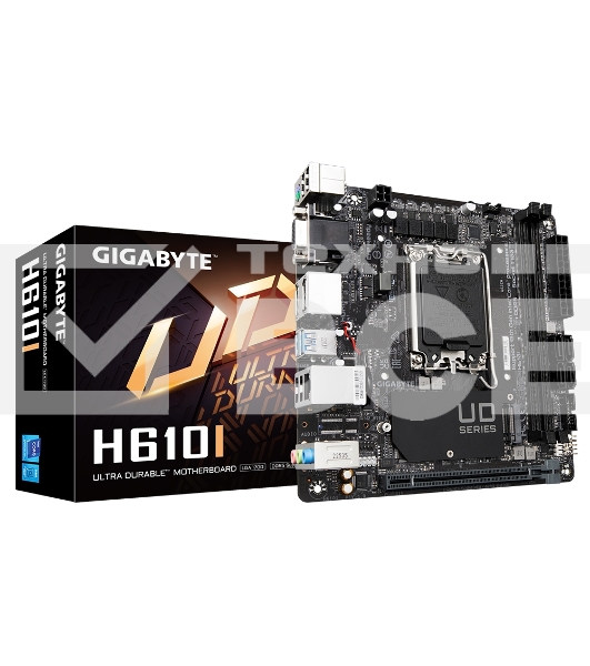 Материнская плата Gigabyte H610I, LGA 1700, Intel H610, 2xDDR5, 4xSATA, 1xM.2, 1xPCIe 4.0 x16, 1xHDMI, 1xVGA, 2xDP, 1x 1Gb LAN, 2xUSB-A 3.2 Gen 1, 4xUSB-A 2.0, 3x 3.5 мм, 7.1, Mini-ITX