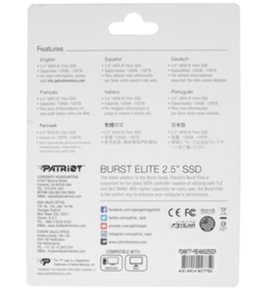 Накопитель SSD Patriot Burst Elite, 480Gb, SATA, 2.5', R/W 450/320