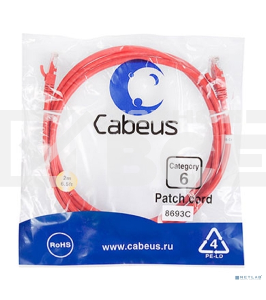 Шнур комм. Cabeus, cat.6, неэкр., U/UTP, RJ45/RJ45, 250 МГц, PVC, AWG24, 2м, красный