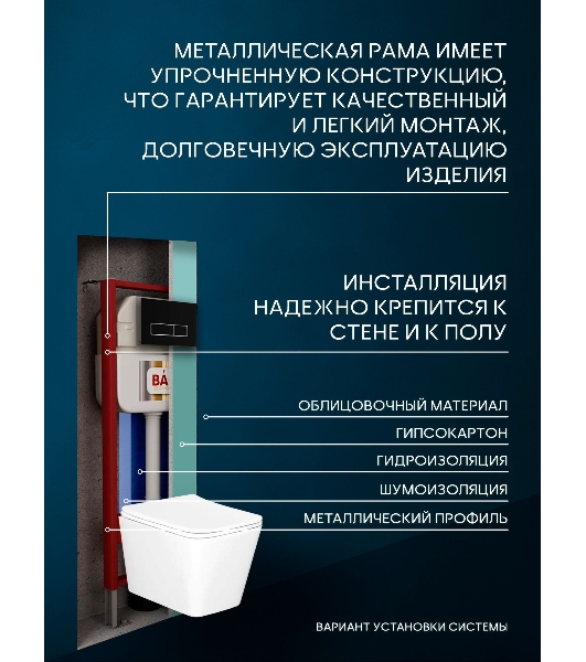 Комплект BAU 6 в 1: рамная инсталляция BAU NEO 45 для подвесного унитаза, унитаз подвесной безободковый вихревой со скрытым сливом Bau Stil Hurricane-5, сиденье дюропласт микролифт, клавиша смыва BAU Pulse, черная матовая/вставка хром
