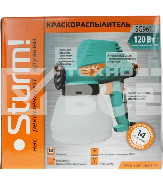 Краскопульты, аэрографы Sturm SG9612 Краскопульт Sturm, 120 Вт, 300 мл/мин, 80 DIN, бак 1 л, РЕГУЛ. ИНТЕНС. РАСПЫЛЕНИЯ [SG9612]