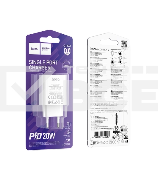 Зарядное устройство Hoco 20Вт, QC3.0/PD, Type-C, C143A, белый, блистер