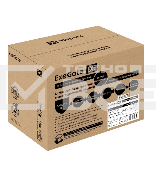 Стабилизатор напряжения ExeGate Expert Turbo AST-3000 (3000ВА, вход 80-260В, цветной дисплей, выход 220В±8%, КПД 98%, 5 уровней защиты, метал. корпус, 2*Schuko+клем.колодка, RTL)