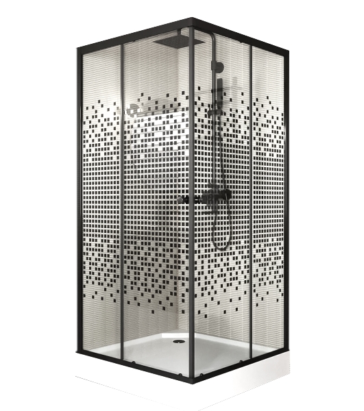 Душевой уголок BAU Stil квадратный с поддоном 90x90х195, прозрачное закаленное стекло с черным рисун