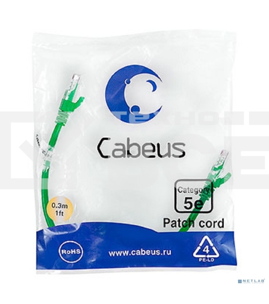 Шнур комм. Cabeus, Cat.5e, неэкр., U/UTP, RJ45/RJ45, PVC, AWG24, 0.3м, зеленый