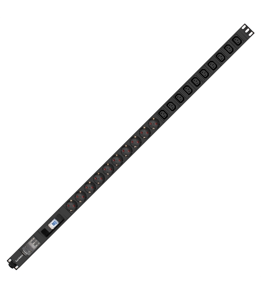 Вертикальный блок розеток с автоматом защиты ExeGate ServerPro PDU-V213 Al-10C1310S-T-1P (19', 1U, Алюминий, 10 IEC 320 C13, 10 Schuko, клеммная колодка, 16A, автомат защиты, черный, RTL)