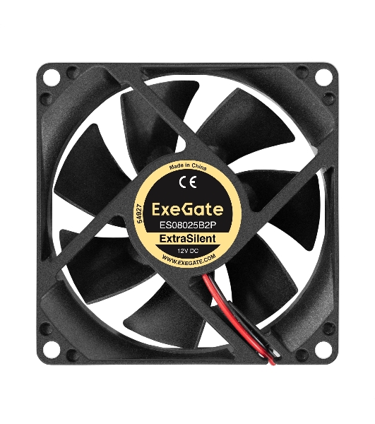 Вентилятор 12В DC ExeGate ExtraSilent ES08025B2P (80x80x25 мм, 2-Ball (двойной шарикоподшипник), 2pin, 2000RPM, 19dBA)