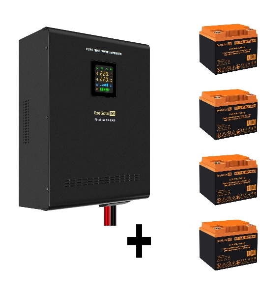 Комплект Источник бесперебойного питания EX296004RUS + батарея 40Aч EX282979RUS 4шт (инвертор, синус, для котла, настенный) ExeGate FineSine SX-5000.LCD.AVR.2SH.T <5000VA/3500W, чистая синусоида, цветной LCD-дисплей, AVR, 2*Schuko+клеммы, линейно-интерактивный, крепление настенное, черный> + батарея ExeGate HR 12-40 (12В, 40Ач) 4шт