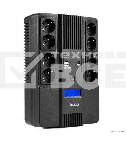 Источник бесперебойного питания Бастион SKAT-UPS 800-AID-IN-1x9-8 ИБП 220В 480Вт, LCD, АКБ 1x 9Ач, line interactive, мод.синус, 8хSchuko,2xUS (8933)