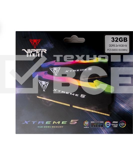Оперативная память Patriot Viper Xtreme, DDR5, 32Gb (2x16Gb), 7800MHz, CL38, с радиаторами, RGB, черный