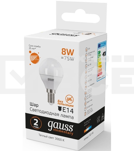 Лампа светодиодная LED 8Вт E14 220В 2700К Elementary шар 53118 Gauss