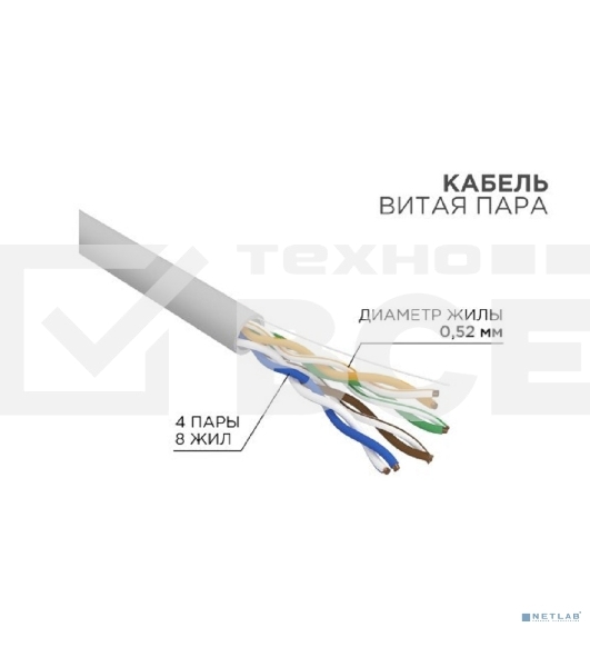 Кабель витая пара U/UTP, CAT 5e, PVC, 4х2х0,52 мм, 24AWG, INDOOR, SOLID, серый, 305 м Rexant PRO