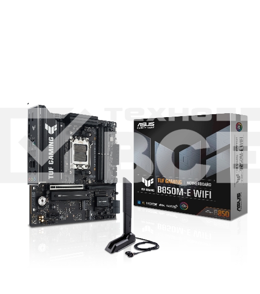 Материнская плата ASUS TUF GAMING B850M-E WIFI, AM5, AMD B850, 4xDDR5, 4xSATA, 3xM.2, 1xPCIe 5.0 x16, 1xPCIe 4.0 x16, 1xPCIe 3.0 x1, 1xHDMI (v2.1), 2xDP (v1.4), 1x2.5Gb LAN, Wi-Fi 6E, Bluetooth 5.3, 1xUSB-C 10Gbps, 2xUSB-A 10Gbps, 2xUSB-A 5Gbps, 4xUSB-A 2.0, 1xPS/2, 3x3.5 мм, 7.1, mATX