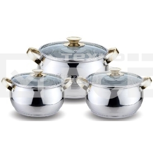 Набор посуды KELLI KL-4206 6 пред.(Кастрюля с жаропрочной стекл. крышкой 2.1 л. Кастрюля с жаропрочной стекл. крышкой 3 л. Кастрюля с жаропрочной стекл. крышкой 4 л. Высококачественная нерж. сталь 18/10. 5-ти слойное капсульное дно.)