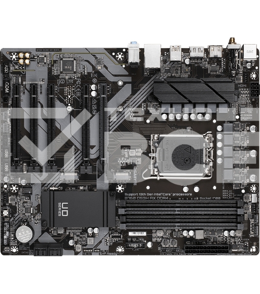 Материнская плата Gigabyte B760 DS3H AX DDR4, LGA 1700, Intel B760, 4xDDR4, 4xSATA, 2xM.2, 1xPCIe 4.0 x16, 4xPCIe 3.0 x1, 1xHDMI, 1xDP, 1x 1Gb LAN, 4xUSB-A 2.0, 1xUSB-A 3.2 Gen 2, 1xUSB-C 3.2 Gen 2, 3x3.5 мм, 7.1, ATX.