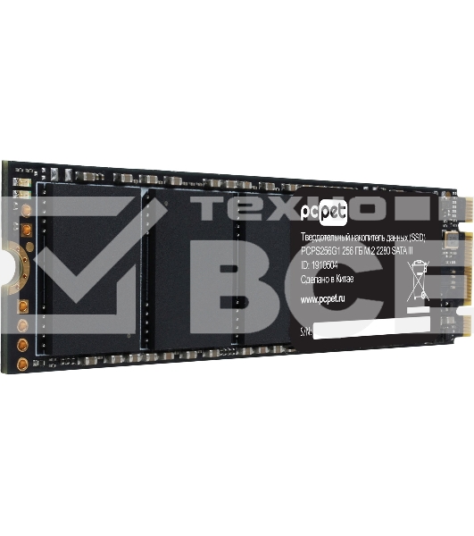 Накопитель SSD PC PET PCPS256G1, 256GB, SATA-III, M.2 2280, R/W 500/420