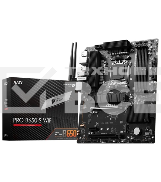 Материнская плата MSI PRO B650-S WIFI, AM5, AMD B650, 4xDDR5, 4xSATA, 2xM.2, 1xPCI-E 4.0 x16, 1xPCI-E 4.0 x4, 1xHDMI, 1xDP, 1x2.5Gb LAN, 3xUSB 3.2 Gen 1, 3xUSB 3.2 Gen 2, 6x3.5 мм, 7.1, Standard-ATX