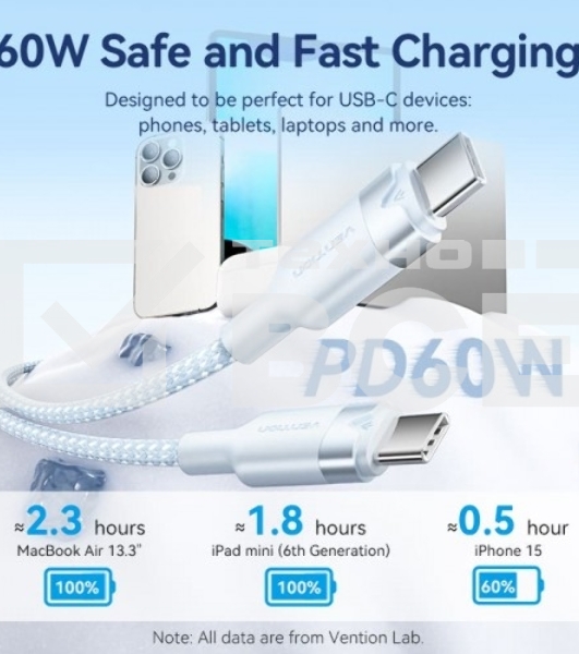 Кабель Vention USB 2.0 CM/CM - 2м. Черный 3А PD60W