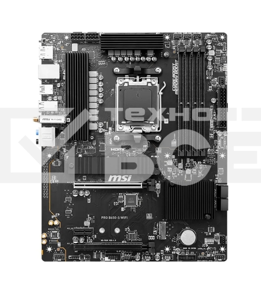 Материнская плата MSI PRO B650-S WIFI, AM5, AMD B650, 4xDDR5, 4xSATA, 2xM.2, 1xPCI-E 4.0 x16, 1xPCI-E 4.0 x4, 1xHDMI, 1xDP, 1x2.5Gb LAN, 3xUSB 3.2 Gen 1, 3xUSB 3.2 Gen 2, 6x3.5 мм, 7.1, Standard-ATX