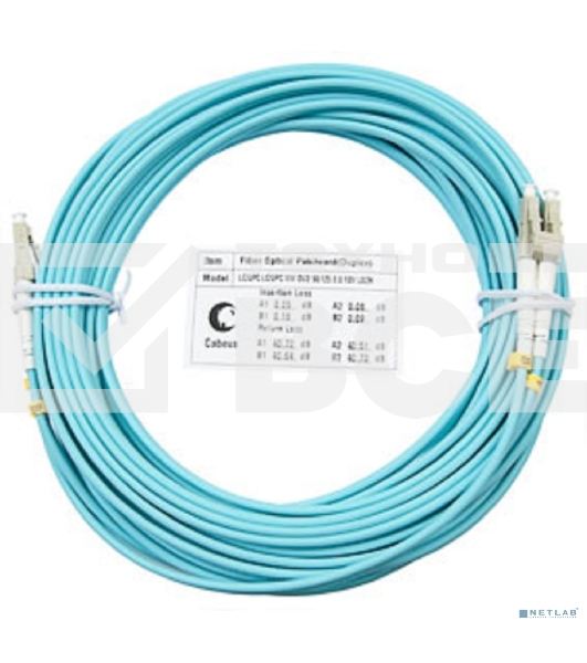 Комм. шнур оптический Cabeus Tight Buffer, Duplex LC/LC, OM3 50/125, LSZH, 25м, d= 3мм, серый хвостовик, аква