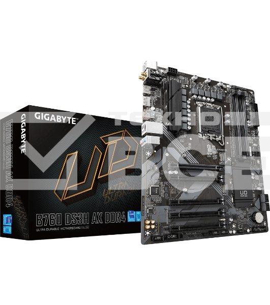 Материнская плата Gigabyte B760 DS3H AX DDR4, LGA 1700, Intel B760, 4xDDR4, 4xSATA, 2xM.2, 1xPCIe 4.0 x16, 4xPCIe 3.0 x1, 1xHDMI, 1xDP, 1x 1Gb LAN, 4xUSB-A 2.0, 1xUSB-A 3.2 Gen 2, 1xUSB-C 3.2 Gen 2, 3x3.5 мм, 7.1, ATX.