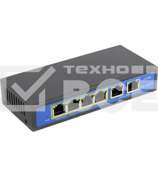 Коммутатор PoE 4 порта 10/100Mbps SWP-7504POE/2P 4xPoE+1xUplink RJ45, IEEE 802.3af, мощность 15.4 Вт на порт, БП 52В/1.25А, настенный крепеж в ком