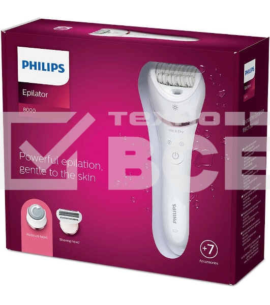 Эпилятор Philips 2 скорости, широкая головка, Wet&Dry, беспроводной, opti light, 6 аксессуаров