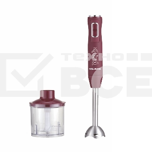 Блендер погружной Willmark WHB-1250PS (500Вт,рег.скор,турбо режим,Soft touch, измельчитель,бордовый)