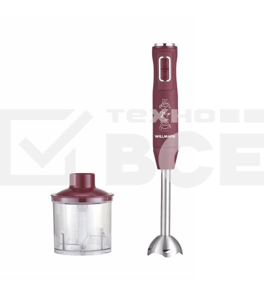 Блендер погружной Willmark WHB-1250PS (500Вт,рег.скор,турбо режим,Soft touch, измельчитель,бордовый)