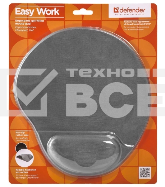 Коврик для мыши Defender гелевый Easy Work (серая лайкра) нескользящ.основа,260х225х5мм