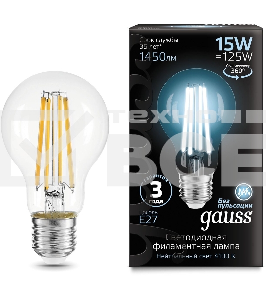 Лампа cветодиодная Gauss Filament А60 15W 1450lm 4100К Е27 LED 1/10/40