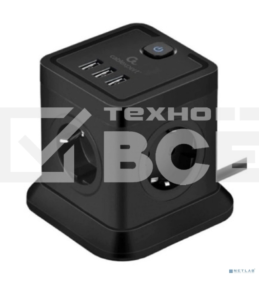 Сетевой фильтр Cablexpert Tower TWR-4-U3-B-2, 4р, 10А, 3xUSB, 3.1А, 2м, ур.защиты 2+, черный, коробка