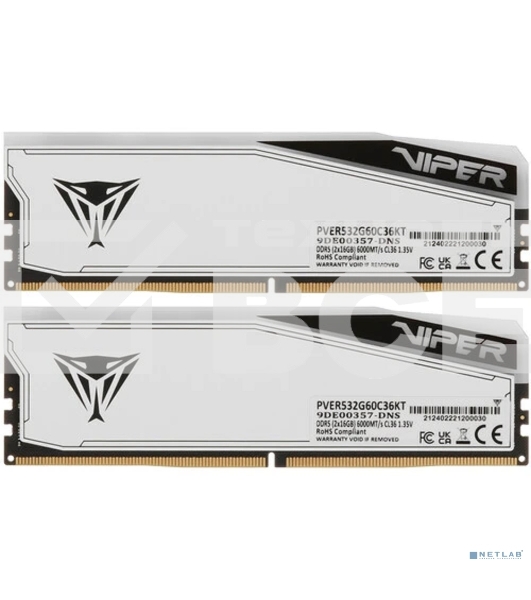 Оперативная память Patriot Viper Elite 5 TUF Gaming, DDR5, 32GB (2x16 GB), 6000 MHz, CL36, DIMM, радиатор, RGB, белый