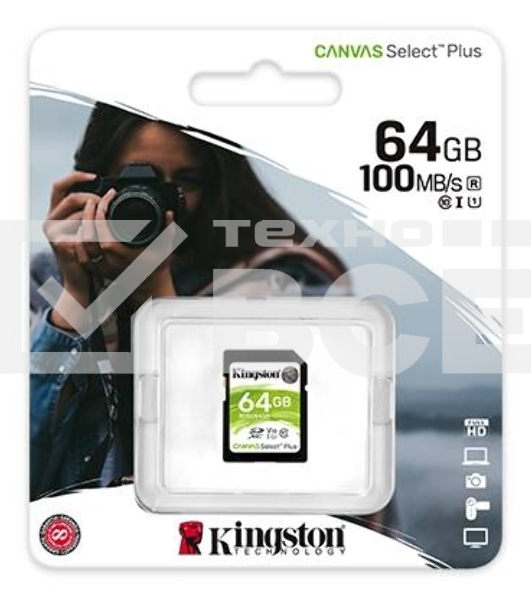 Флеш карта SDHC 64Gb Class10 Kingston <SDS2/64GB>, Canvas Select 100R CL10 UHS-I