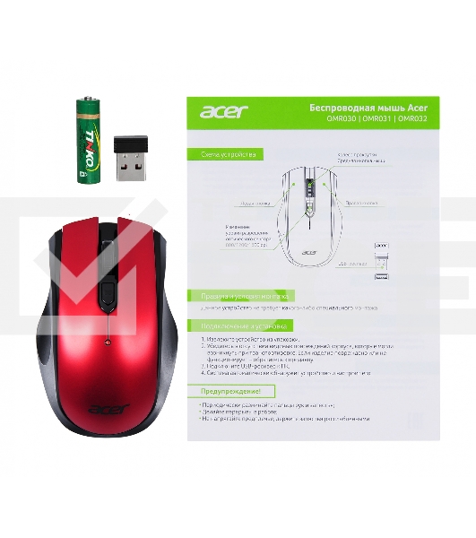 Мышь беспроводная Acer OMR032 черный/красный, 1600 dpi, радиоканал, USB, кнопки - 4