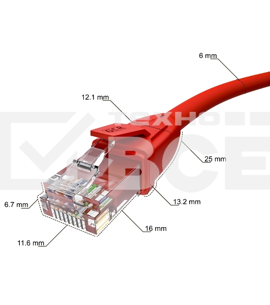 Патч-корд GCR прямой 5.0m UTP кат.6, красный, 24 AWG, литой, ethernet high speed, RJ45, T568B