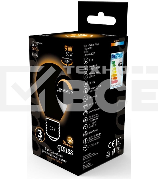 Лампа светодиодная Gauss Filament 105202109-D 9Вт цок.:E27 шар 220B 3000K св.свеч.бел.теп. (упак.:10шт)