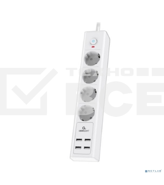 Сетевой фильтр Cablexpert Exnovo EXN-4-U4-W-2, 4р, 16А, 4хUSB, 3.4A, 2м, ур.защиты 4+, белый, коробка