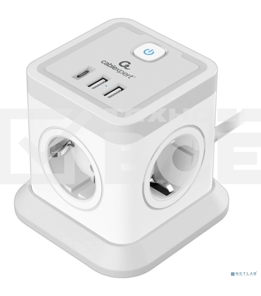 Сетевой фильтр Cablexpert Tower, TWR-4-CU2-W-2, 4р, 10А, 1xType-C PD, 20Вт, 2хUSB, 2 м, ур. защиты 2+, белый, коробка
