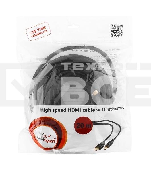 Кабель Cablexpert HDMI CC-HDMI4-20M, 19M/19M, v2.0, медь, позол.разъемы, экран, 20м, черный, пакет