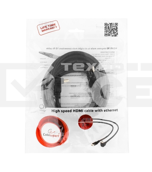 Кабель Cablexpert HDMI CC-HDMI490-10, 19M/19M, v2.0, медь, позол.разъемы, экран, угловой, 3м, черный, пакет