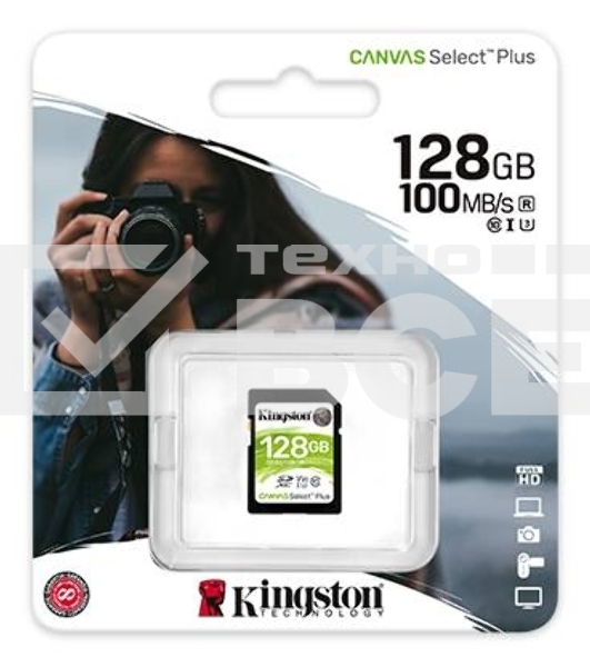 Флеш карта SDHC 128Gb Class10 Kingston <SDS2/128GB>, Canvas Select 100R CL10 UHS-I