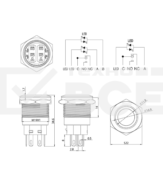 Кнопка антивандальная Rexant Ø19 Фикс 12В (2с) ON-OFF зеленая (Противотуманки)