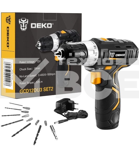 Дрель-шуруповерт Deko GCD12DU3 SET2 FU-Li-Ion 063-4146, Аккумуляторная, 12В, Кейс
