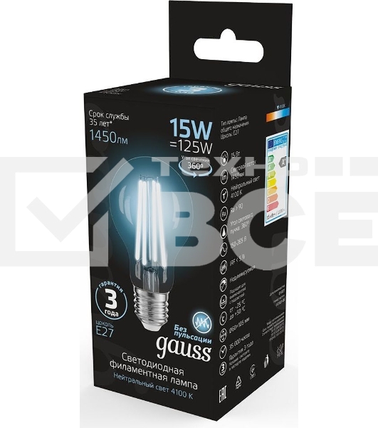 Лампа cветодиодная Gauss Filament А60 15W 1450lm 4100К Е27 LED 1/10/40