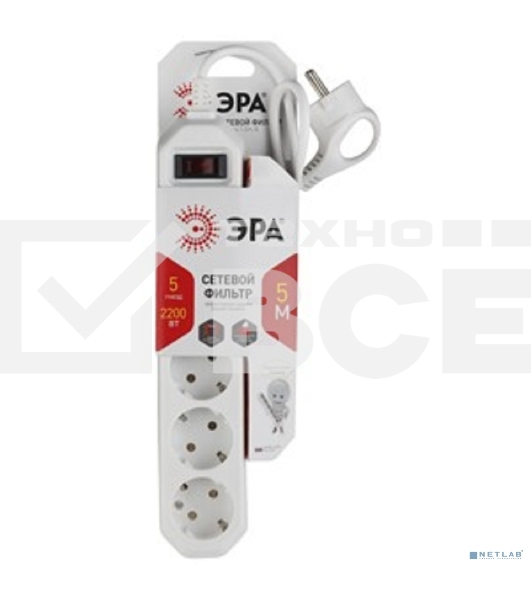 Сетевой фильтр ЭРА USF-5es-5m-W (белый) с заземл, 3x0,75 мм2, с выкл, 5 гн, 5 м защита от короткого замыкания, от перегрузки, от импульсных помех