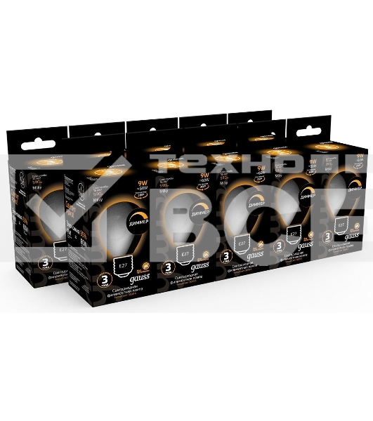 Лампа светодиодная Gauss Filament 105202109-D 9Вт цок.:E27 шар 220B 3000K св.свеч.бел.теп. (упак.:10шт)