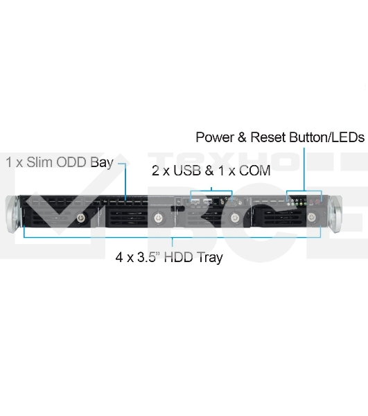 Серверный корпус Ablecom 1U chassis; Mini-ITX, Micro-ATX, ATX MBs; 4 x 3.5'' hsb; 2 x USB; 1 x COM port (Front); 1 x FH expantion slot; 600W (1+1) (80 Plus Platinum); no rails