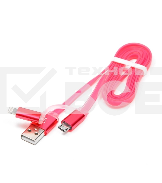 Кабель USB 2.0 Cablexpert CC-mAPUSB2pk1m, AM/microBM 5P - iPhone lightning, 1м, комбо кабель, алюминиевые разъемы, розовый, блистер