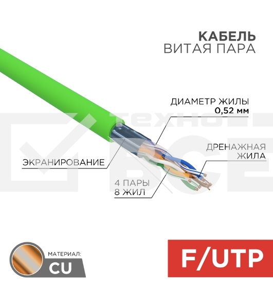 Кабель витая пара F/UTP, CAT 5e, нг(А)-LSLTx, 4х2х0,52мм, 24AWG, INDOOR, SOLID, зеленый, 305м Rexant